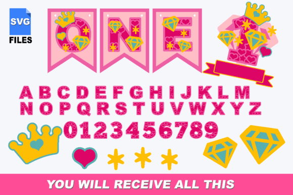 Princess Alphabet Banner with Numbers 3D SVG