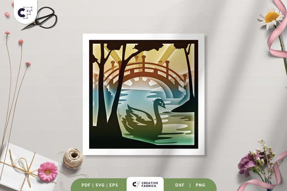 Swan Under Bridge in Spring Shadow Box